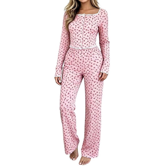 YgkuHd Women's Pajama Set Long Sleeve Cherry Print Lace Trim Pants Loungewear Sleepwear Lounge Set for Women,Pink_L