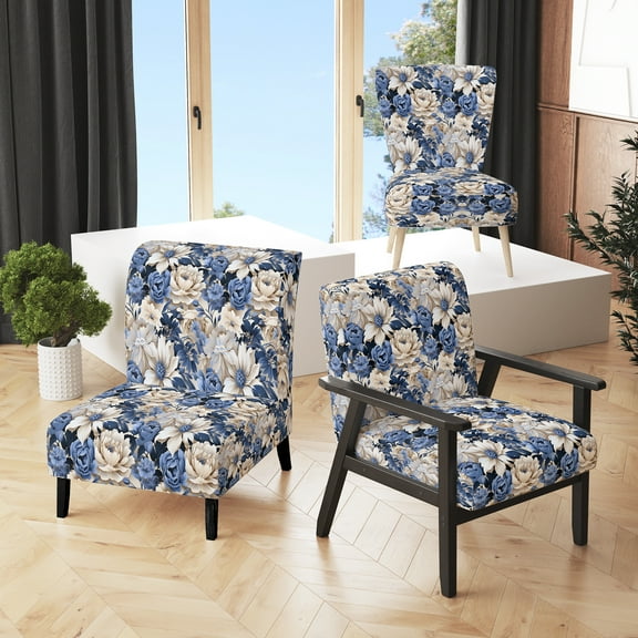 Designart "Country Blue Beige Floral Charm I" Blue Floral Upholstered Accent Chair - Cottage Arm Chair For Living Room