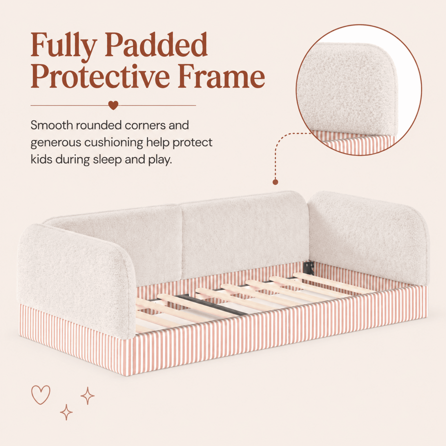 Miniyam Twin Kids Floor Bed with Padded Guardrails, Teddy Fleece Upholstered Montessori-Inspired Bed, White