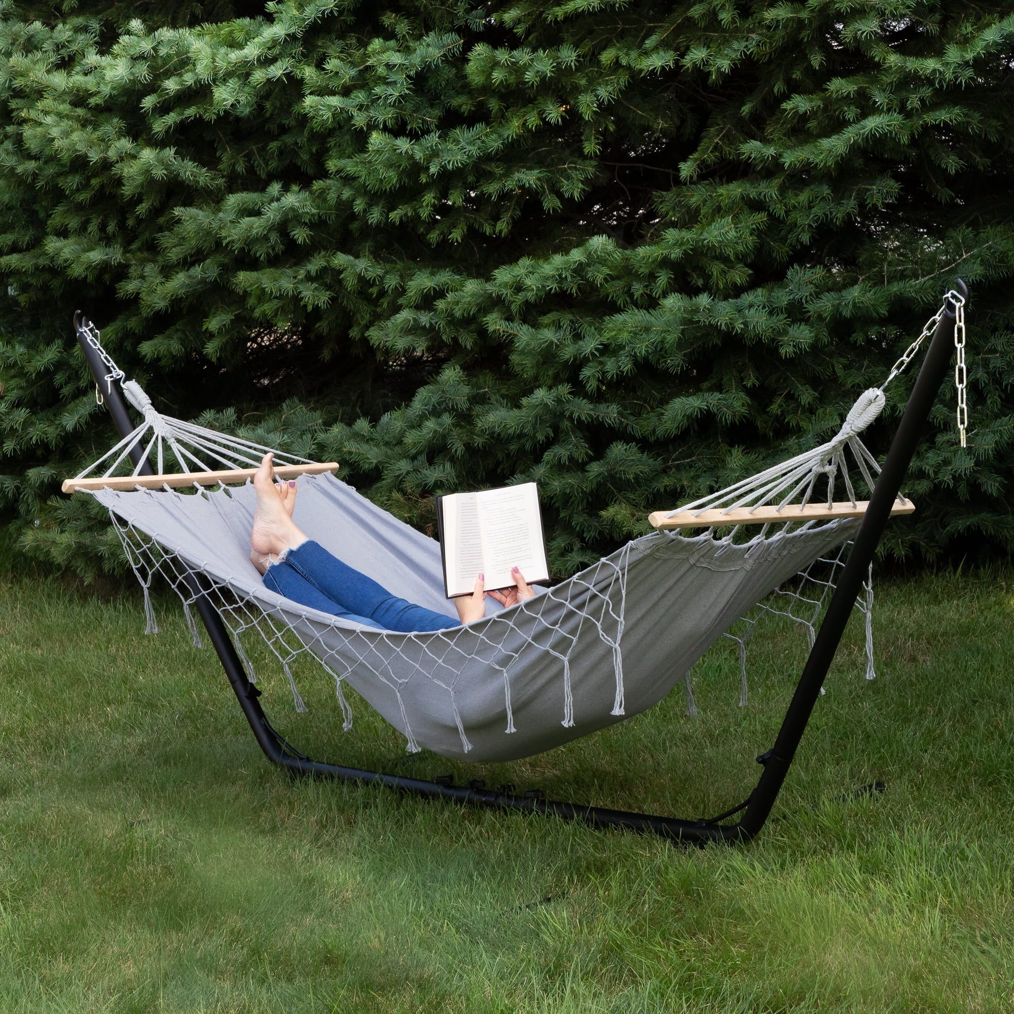 Northlight Hammock with Netted Fringe and Wooden Bars - 100" x 41" - Gray
