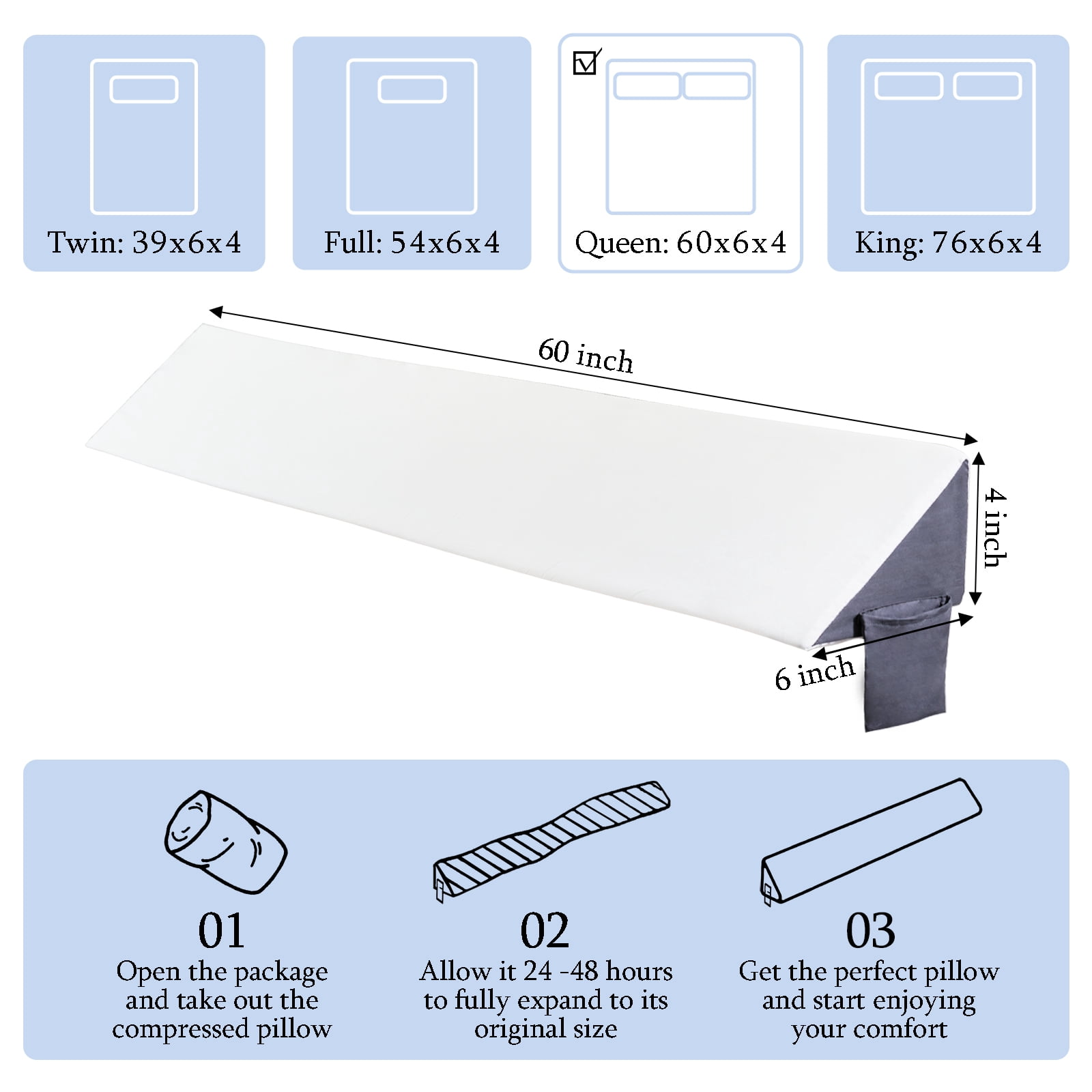 Jakoola Bed Wedge Pillow For Headboard Mattress Wedge Gap Filler Queen（60"X 8"X 6") With 2 Large Pockets