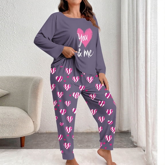 Xdegoge Plus Size Pajamas for Women Set Valentines Fuzzy Lounge Matching Pajamas 2 Piece Outfits Heart Graphic Long Sleeve Crew Neck Tops and Pants Sleepwear Pjs Sets