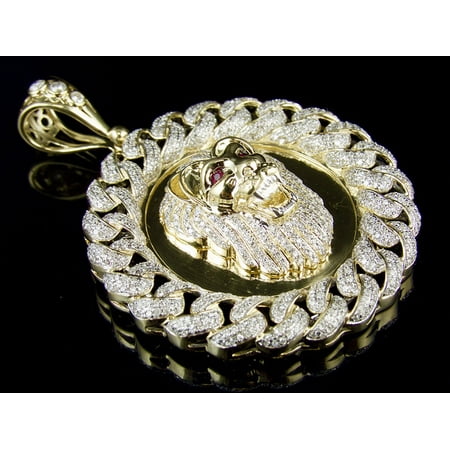 10K Yellow Gold Lion Medallion Diamond Cuban Link Frame Pendant Charm 3ct.