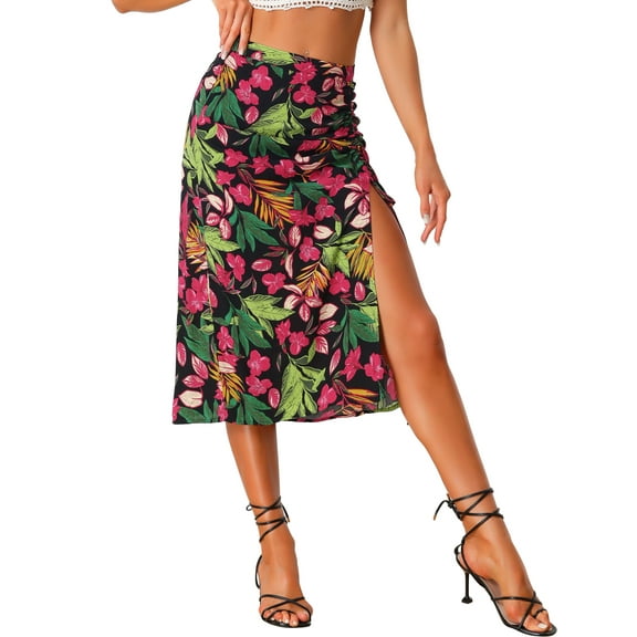 MODA NOVA Juniors Summer Flowy Ruched Front Beach Tropical Floral Midi Skirt