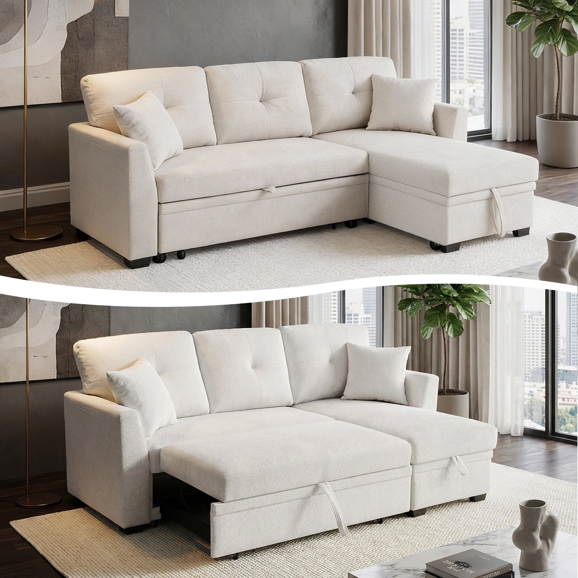 AENKYO Convertible L-Shaped Sectional Sofa Sleeper with Pull-Out Bed and Storage Chaise, Linen Upholstered Couch for Living Room，White