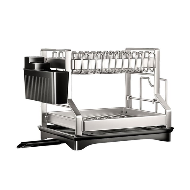 CAIROYAR Escurridor de platos de acero inoxidable, escurridores de platos multifuncionales de 2 niveles, escurridor de platos con estante para almacenamiento, mostrador con