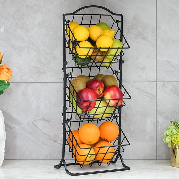 3-Tier Fruit Basket Fruit Bowl for Kitchen Counter or Floor - Fruit Holder Produce Basket for Vegetables and Snacks -Metal Market Storage Stand
