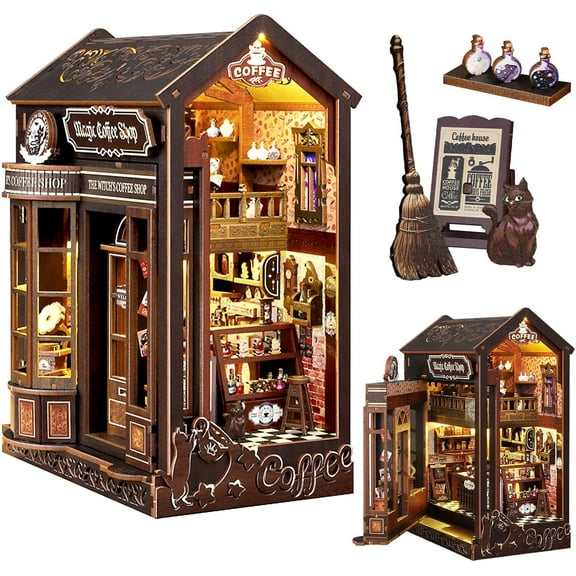 Book Nook Kit Magic Coffee Shop, DIY Miniature House with LED Lights, 3D Wooden Puzzle for Adults & Teens, Bookshelf Decor Craft Gift for Family & Friends