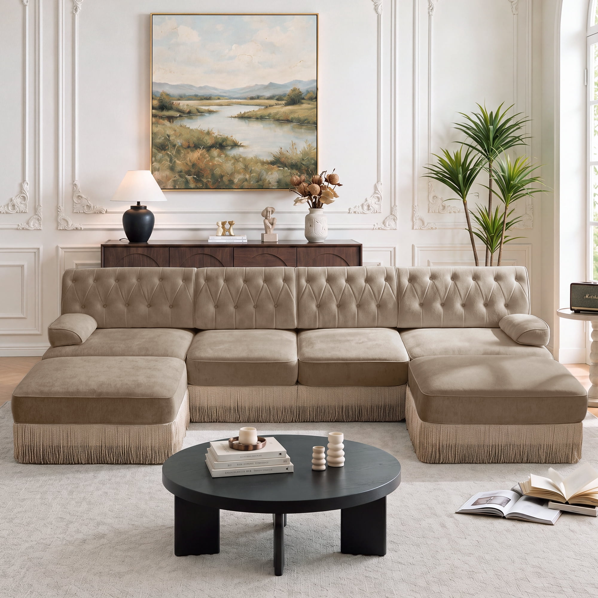 135" Chesterfield 4 Seater U-Shaped Modular Sectional Sofa Set with 2 Ottoman and Tassel Skirt, Easy to Assemble