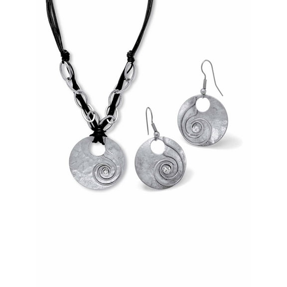 PalmBeach Jewelry Abstract Disc Necklace and Drop Earring Set Silvertone