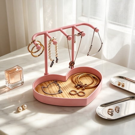 Ornament Storage Rack Desktop Jewelry Display Stand with Tray and Counter--Slip Hooks Necklace Earring Bracelet Organizer