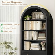 Hiphuta 70Tall Arched Bookcase, 4-Tier Bookshelves with 2 Large Drawers, Wooden Display Shelf with Storage for Living Room Home Office, Black