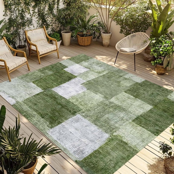 Modern Abstract Patchwork Outdoor Area Rug 6x9ft Decorative Indoor Outdoor Rug Watercolor Green Blocks Linen Patio Area Rug for Porch, Deck, Balcony, Entryway, Camping & RV