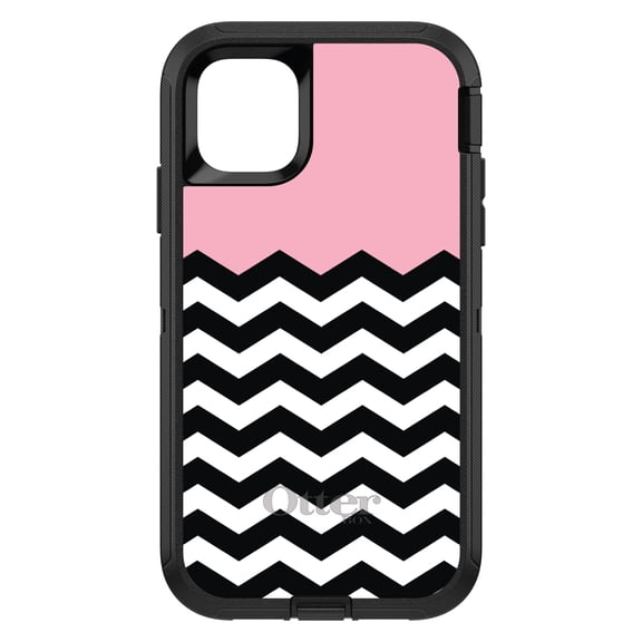 DistinctInk OtterBox Defender Custom Case for Apple iPhone 15 (6.1" Screen) - Black & White Chevron Stripes Pattern - Tempered Glass Back