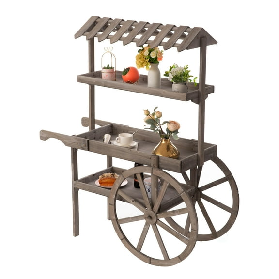 Vintiquewise QI004639 Antique Rustic Solid Wood decor Display Rack Cart Wood Plant Stand 3 Tier with Wheels for Display, Wood Wagon with Shelves for Plants and More