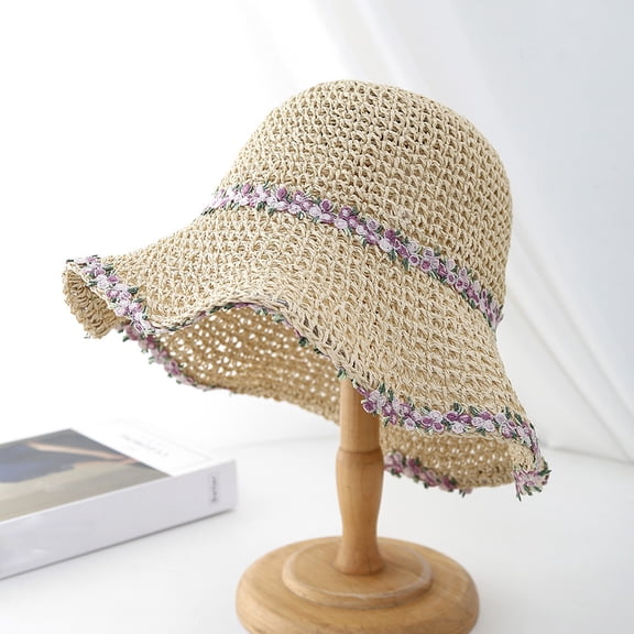 CHENge Women's Summer Straw Bucket Hat with Lace Cutout Design Breathable Wide Brim Sun Hat for Travel and Beach Outings