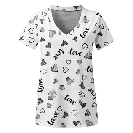 

Women Scrubs Top Bunny Printed Easter Day Printed Short Sleeve V Neck Holiday Fun Patterned T Shirt With Pocket Spring Summer Daily Nursing Uniforms Nursing Care Working Uniforms