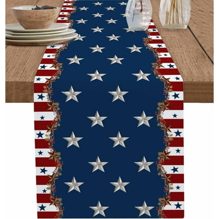 

4th of July Cotton Linen Table Runner Dresser Scarves Country Stars Red Blue Table Runners for Dinning Table USA Flag Theme Kitchen Decor Holiday Dinner Decoration-13x120 Inch