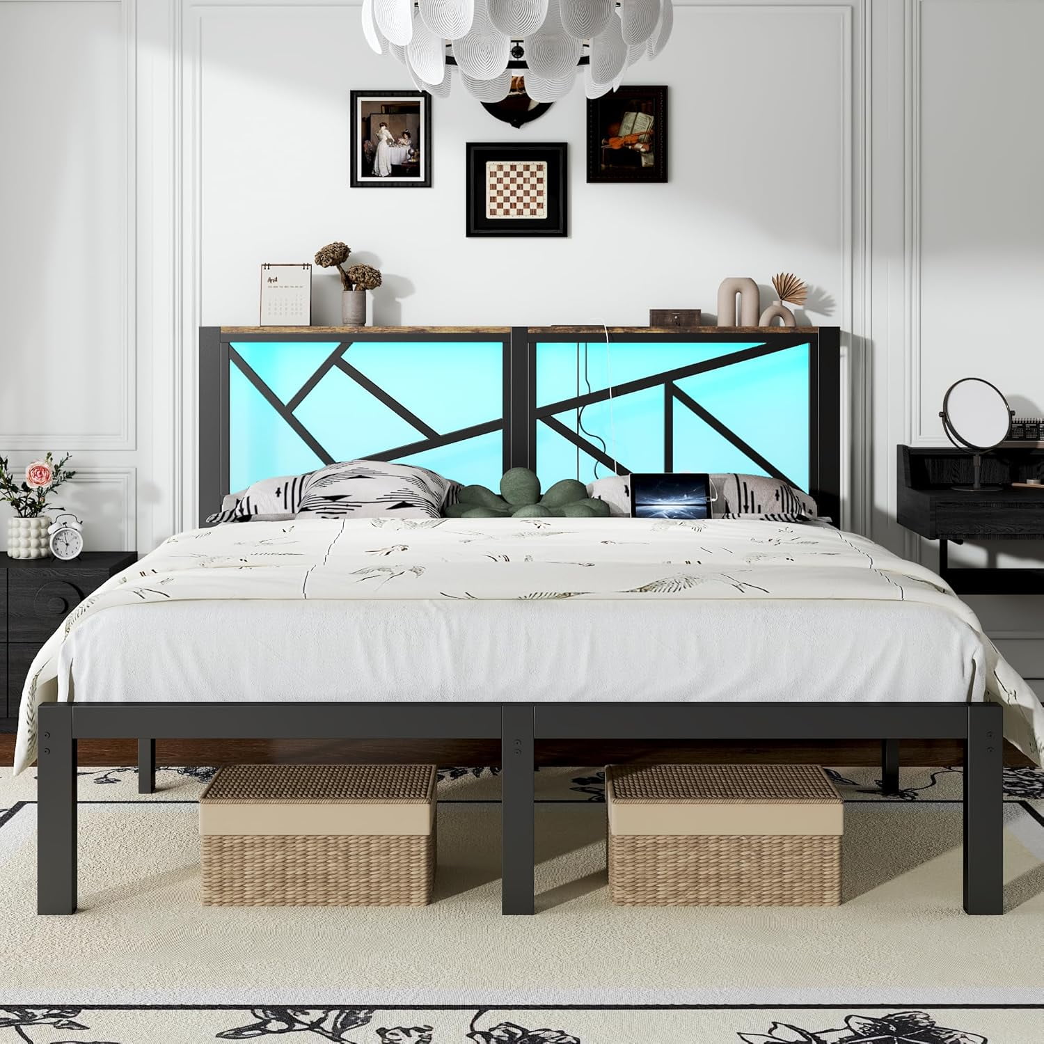 ChicZhiNest King Size Bed Frame with LED Light Storage Headboard, Metal Platform Bed Frame King with 2 USB Ports and Outlets, Noise Free Design, Black