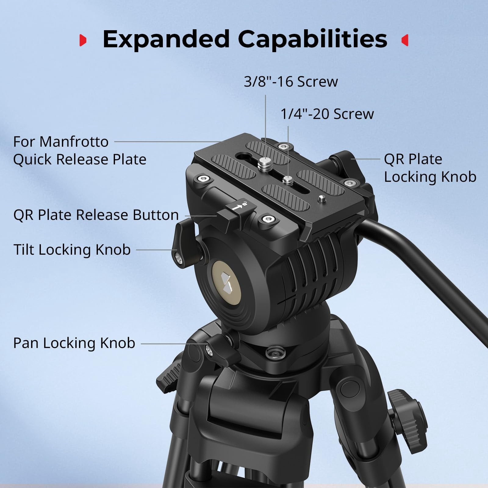 73''/186cm Heavy Duty Aluminum Alloy Video Tripod  Max Load 8kg (18lbs) Fluid Head With +85° To -78 Tilt Range Compact Travel Weight 3.1kg(6.8lbs) Folded Height 88cm Ad-14-5440