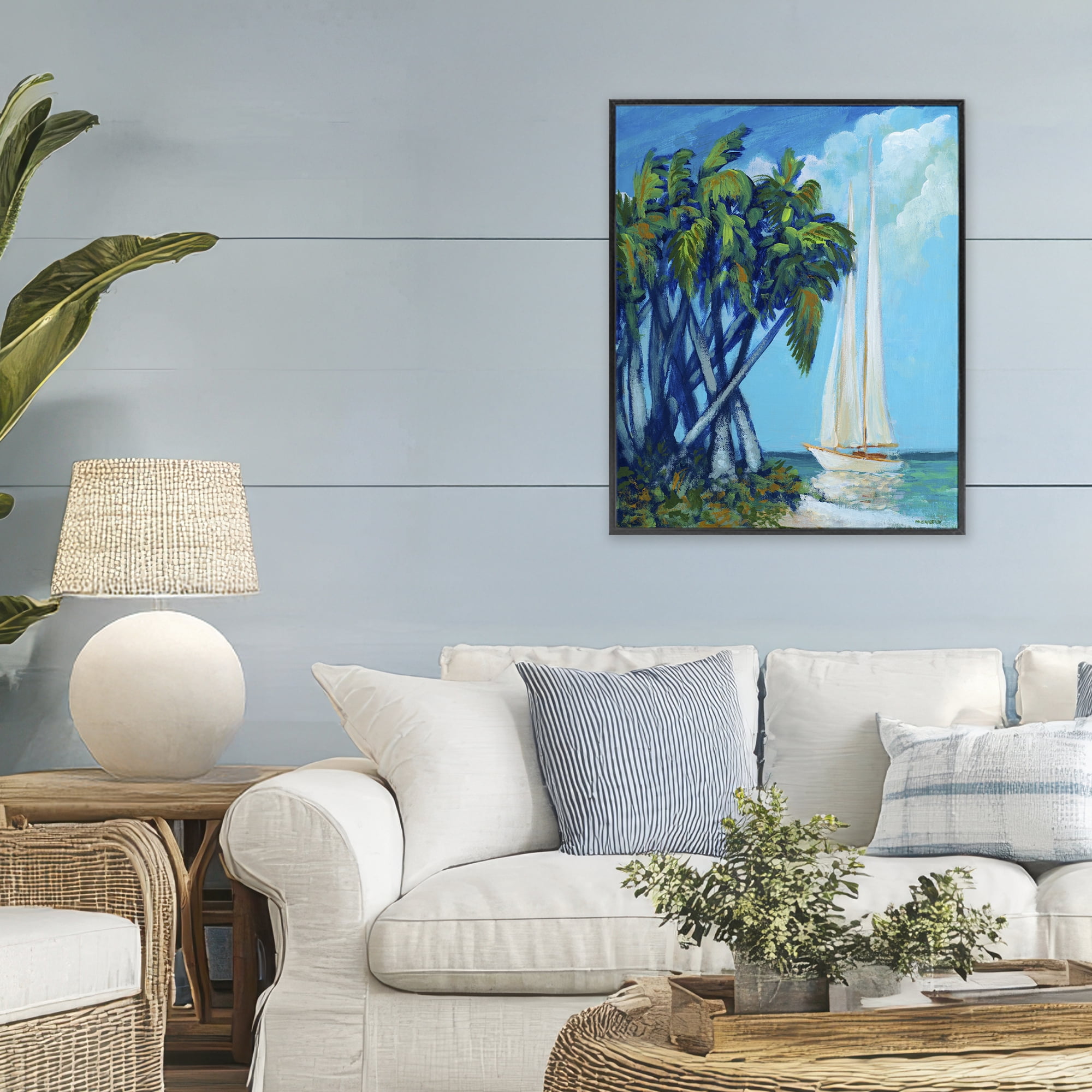 Stupell Industries Sailboat & Twisted Palms Black Framed Giclee Art, design by Dan Meneely