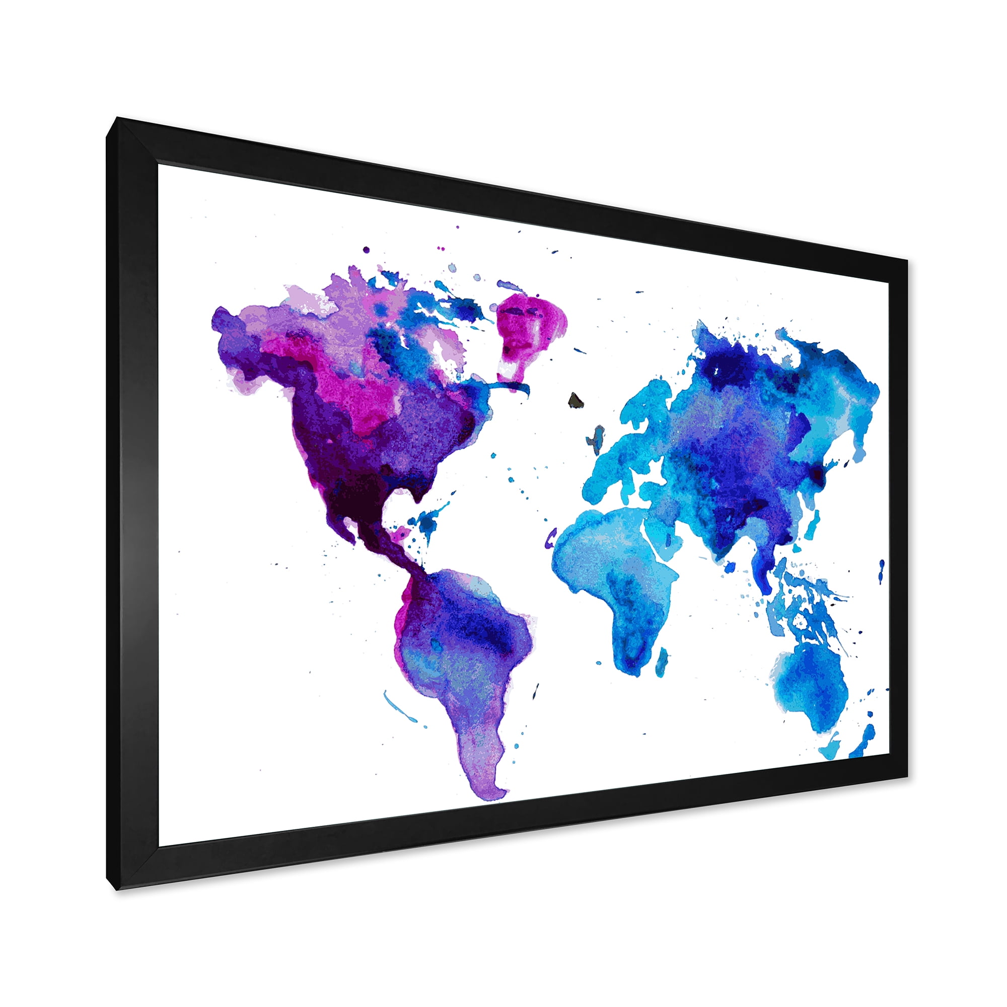 Designart 'Blue and Purple Map Of The World' Modern Framed Art Print