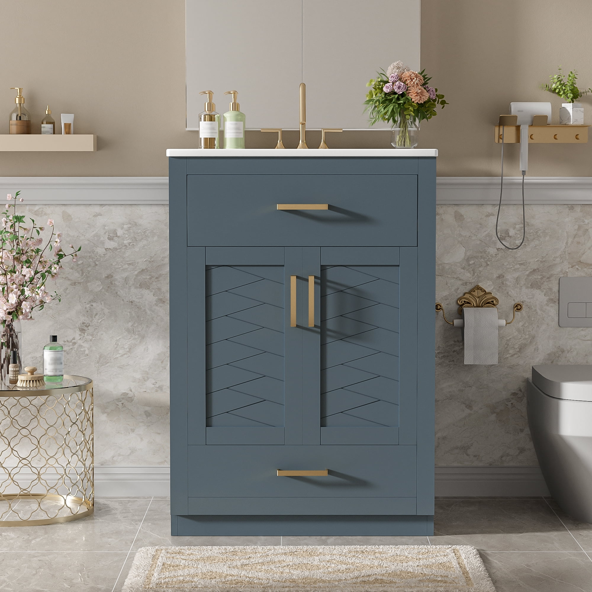 Euroco 24" Bathroom Vanity with Integrated Ceramic Sink, Bathroom Cabinet with 2 Doors, 1 Tip-out Drawer, Single Sink Bathroom Vanity for Small and Medium Restroom, Blue