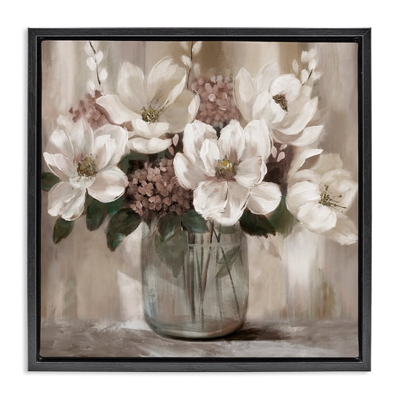 Stupell Industries Shabby Chic Ivory Magnolias Vase Black Floating Frame Canvas Art, 18 x 18, by Nan