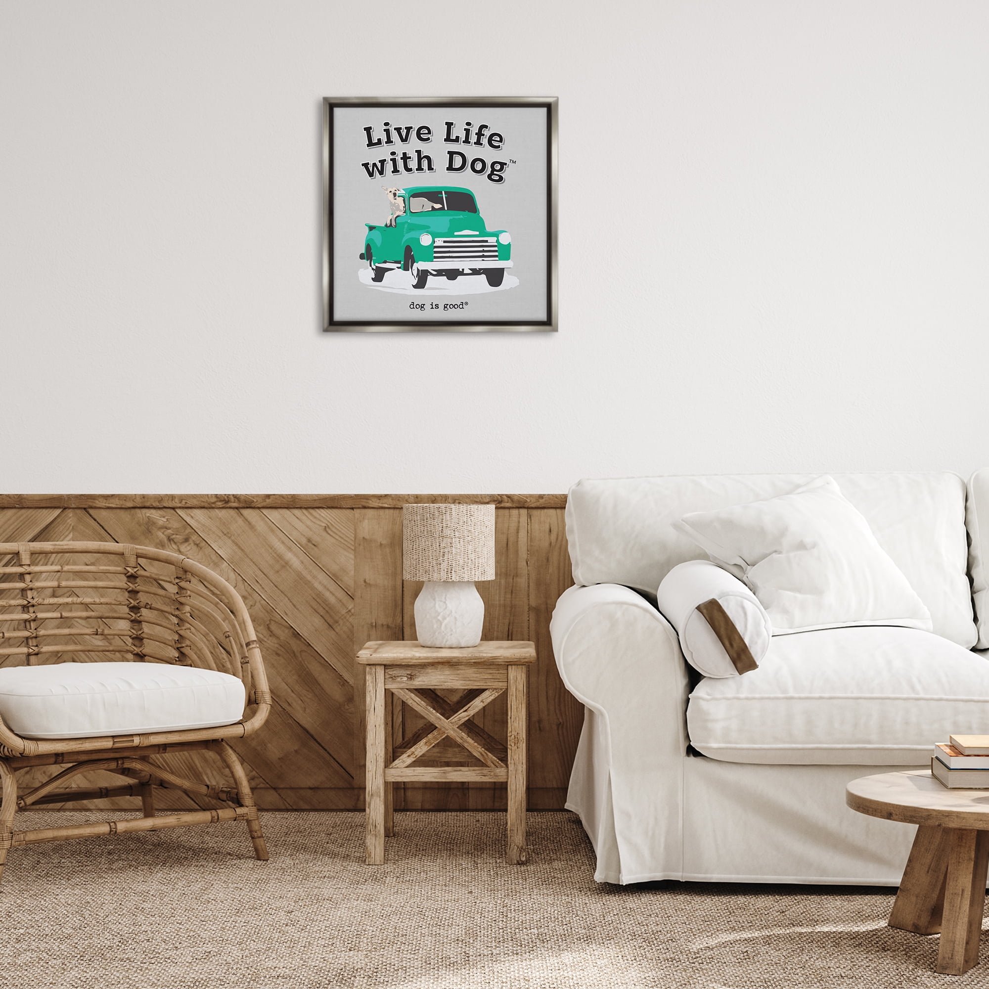 Stupell Industries Dog in Pickup Truck Animals Painting Gray Floater Framed Canvas Art Print Wall Art, 25 x 25