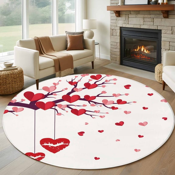Red Valentines Day Round Area Rug 5Ft Washable Circle Rugs for Living Room Bedroom, Red Love Heart Tree Non-Slip Carpet Floor Mats Indoor Outdoor Carpet Runner Aesthetic Home Decor