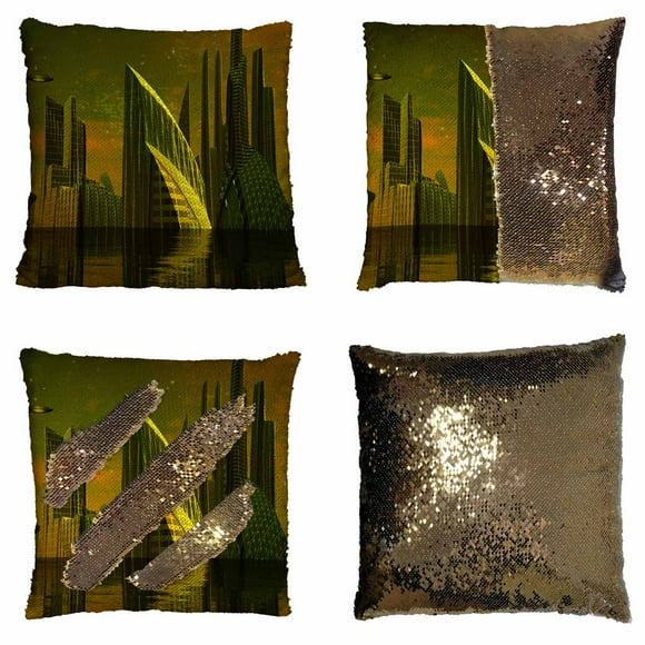 YUSDECOR Modern Alien City Computer Artwork Reversible Mermaid Cushion Cover Home Decor Sequin Pillow Case Size 18x18 inches