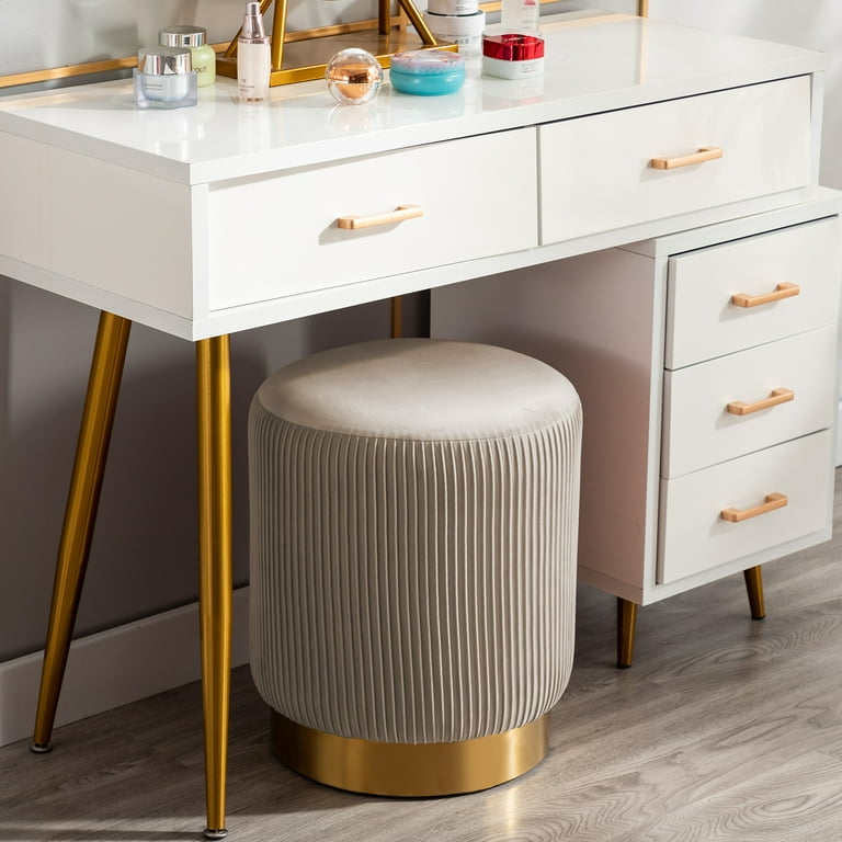 Duhome Modern Round Ottoman Footstool Velvet Vanity Stool Glam Stool Seat for Bedroom Living Room Furniture Entryway Bench Small Khaki