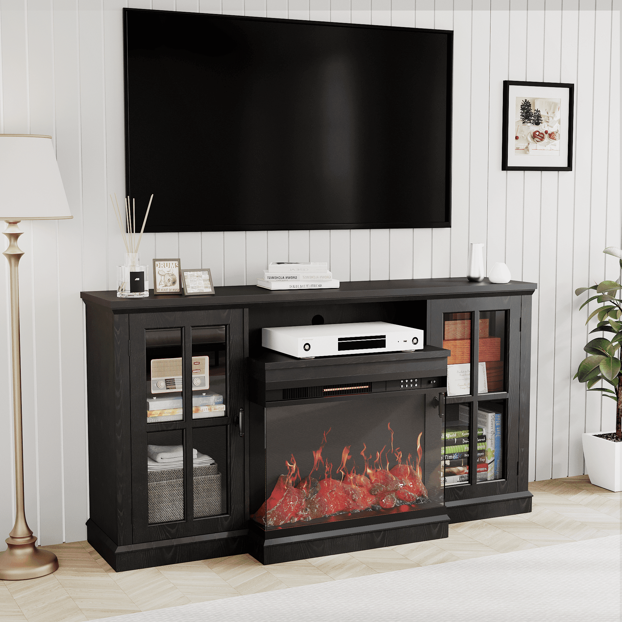 Homall Fireplace TV Stand for TVs up to 65" 3-Sided Glass Modern Media Entertainment Center with Cabniet Storage Adjustable Flame Color Fireplace,Black