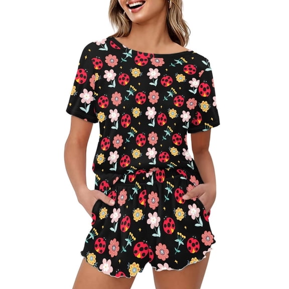 Yuyamidu Ladybug Flower Womens Pajamas Set Short Sleeve Top and Shorts Sleepwear Set Two-Piece Pjs Lounge Split Short Sets with Pockets