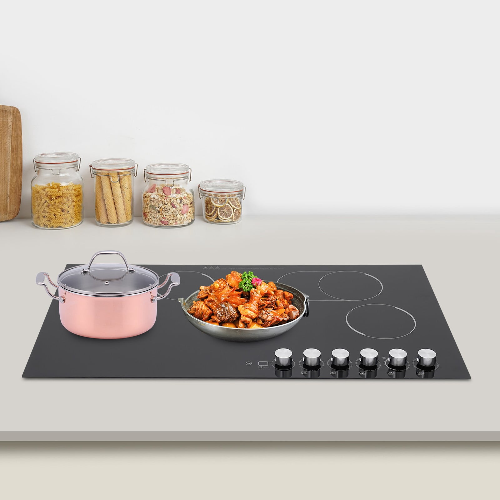5 Burners 110V Electric Cooktop Knob Control Black Electric Stovetop for Kitchens Snack Bars Offices Hotels