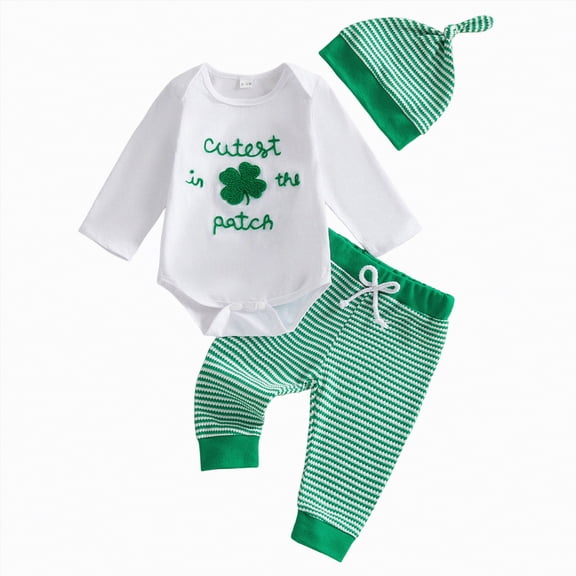 Leey-World St Patricks Day Baby Boy Outfit First St Patricks Day Romper and Shamrock Pants Set with Hat 3Pcs Spring Clothes|White,6-12 Months