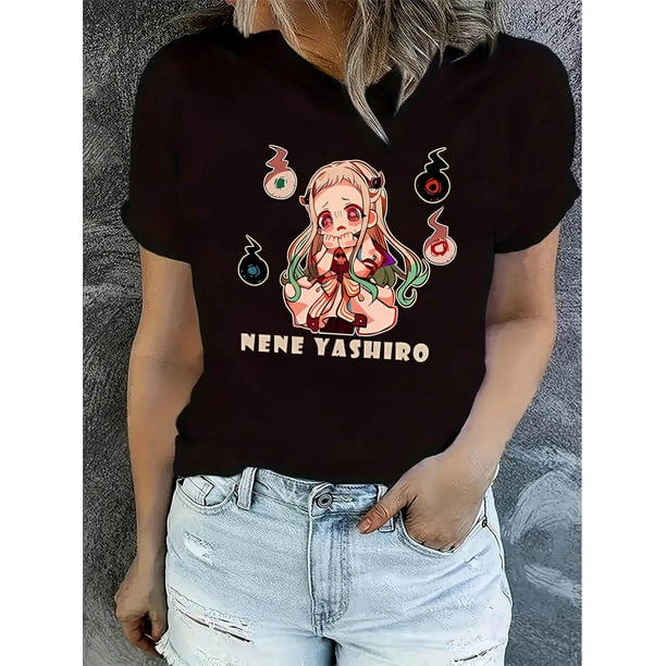 Chic Cartoon Girl Graphic Tee for Women - Casual Crew Neck Short Sleeve, Stretchy Polyester Blend, Machine Washable - Perfect Summer Top