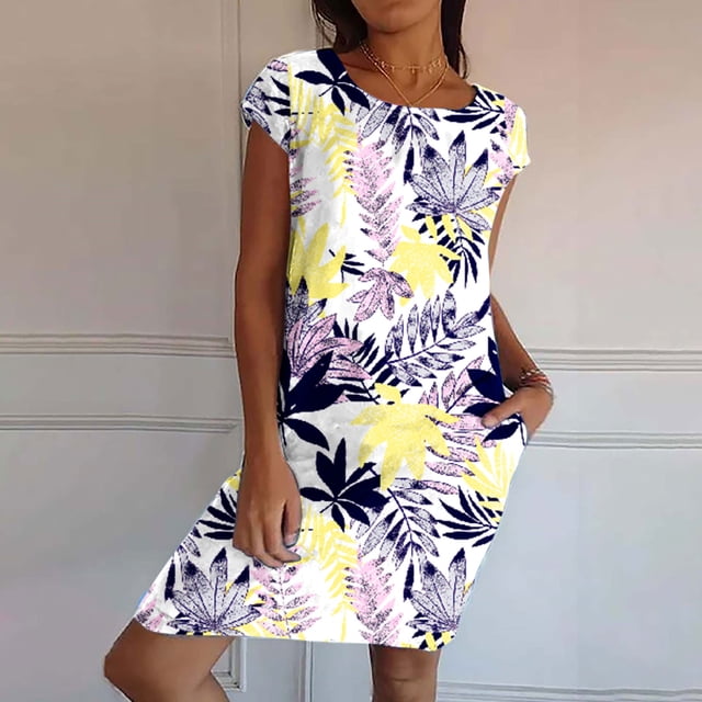 LSLJS Womens Fashion Holiday Summer Printing Short Sleeve Round Neck Dress With Pocket, Sundress Summer Beach Dresses