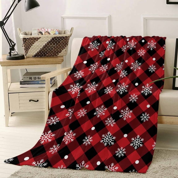 Winter Snowflakes Throw Flannel Blanket 50x60In Christmas Snowing Red Black Plaid Modern Super Soft Cozy Bed Blanket, Lightweight Plush Fuzzy Bed Throw for Bedroom Sofa Couch Living Room