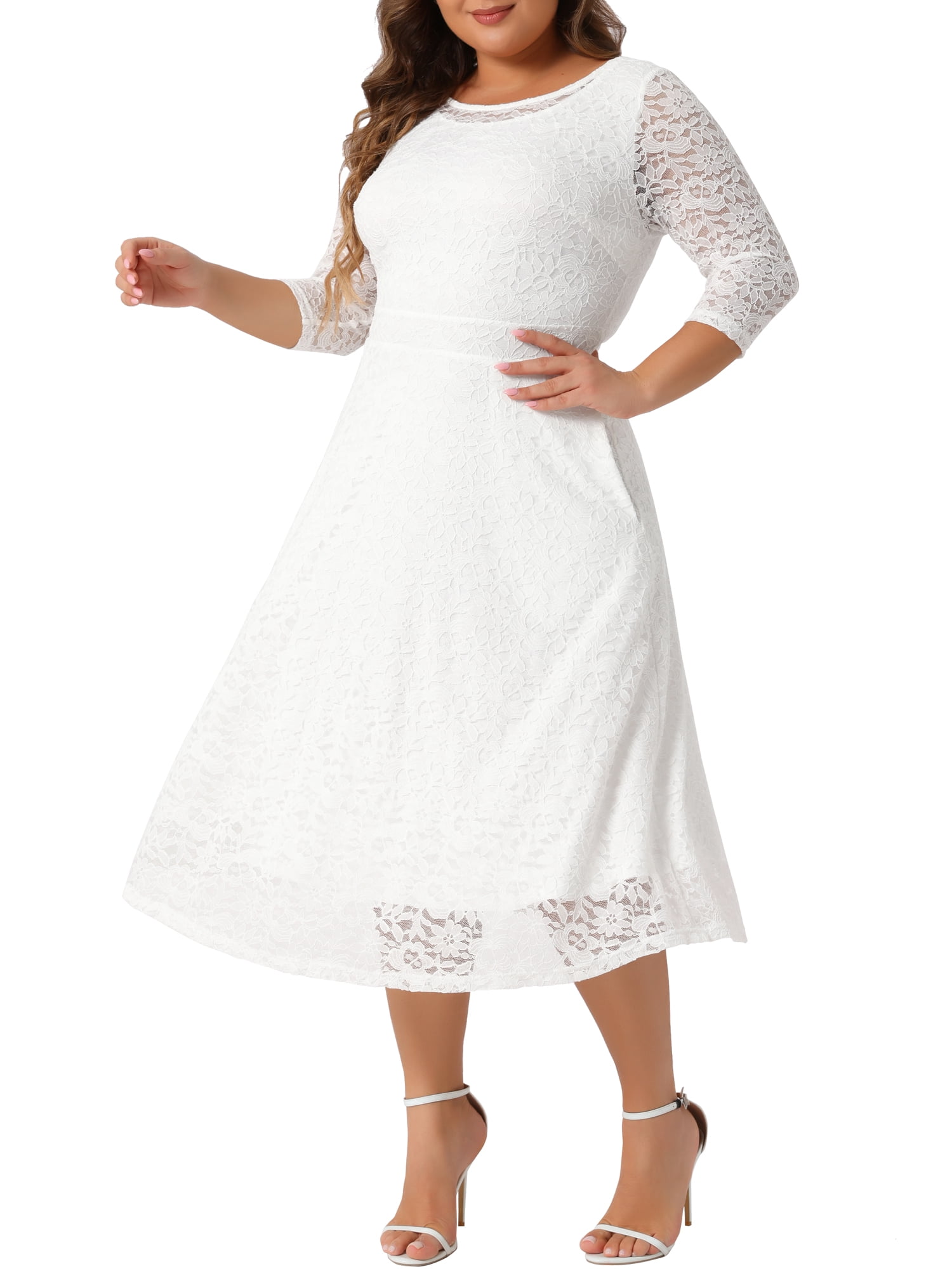 DARING DIVA Plus Size Floral Lace 3/4 Sleeves Pocket Cocktail Dress 3X White