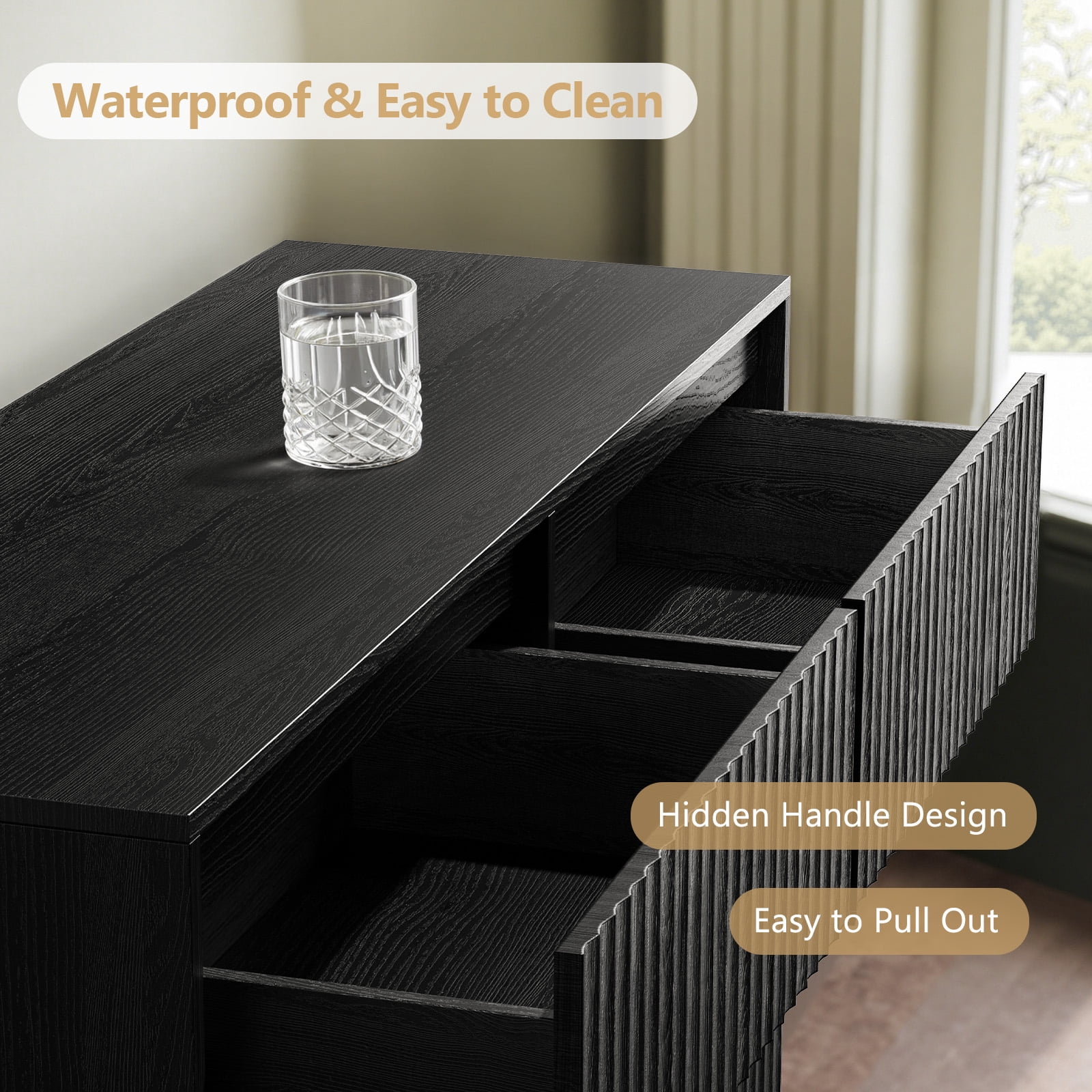UPGO Wood Dresser, 6 Drawer Dresser for Bedroom, Modern Chest of Drawers with Deep Drawers Waterproof Living Room, Hallway, Entryway,Black