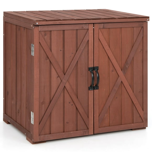 Gymax Storage Cabinet with Double Doors Solid Fir Wood Tool Shed Garden Organizer