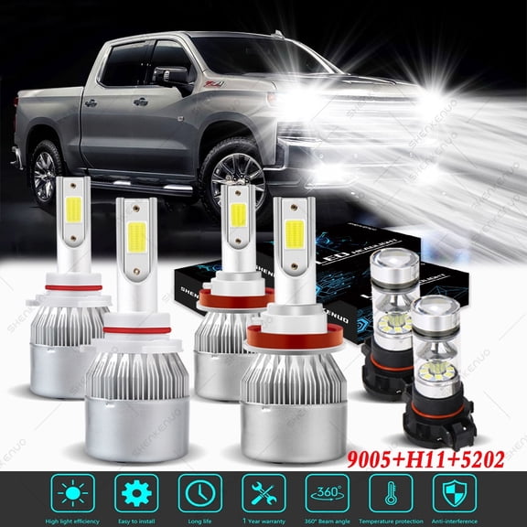 For Silverado 1500 2007-15 Headlights 9005 H11 LED High and Low Beam 5202 Fog Light 6pc