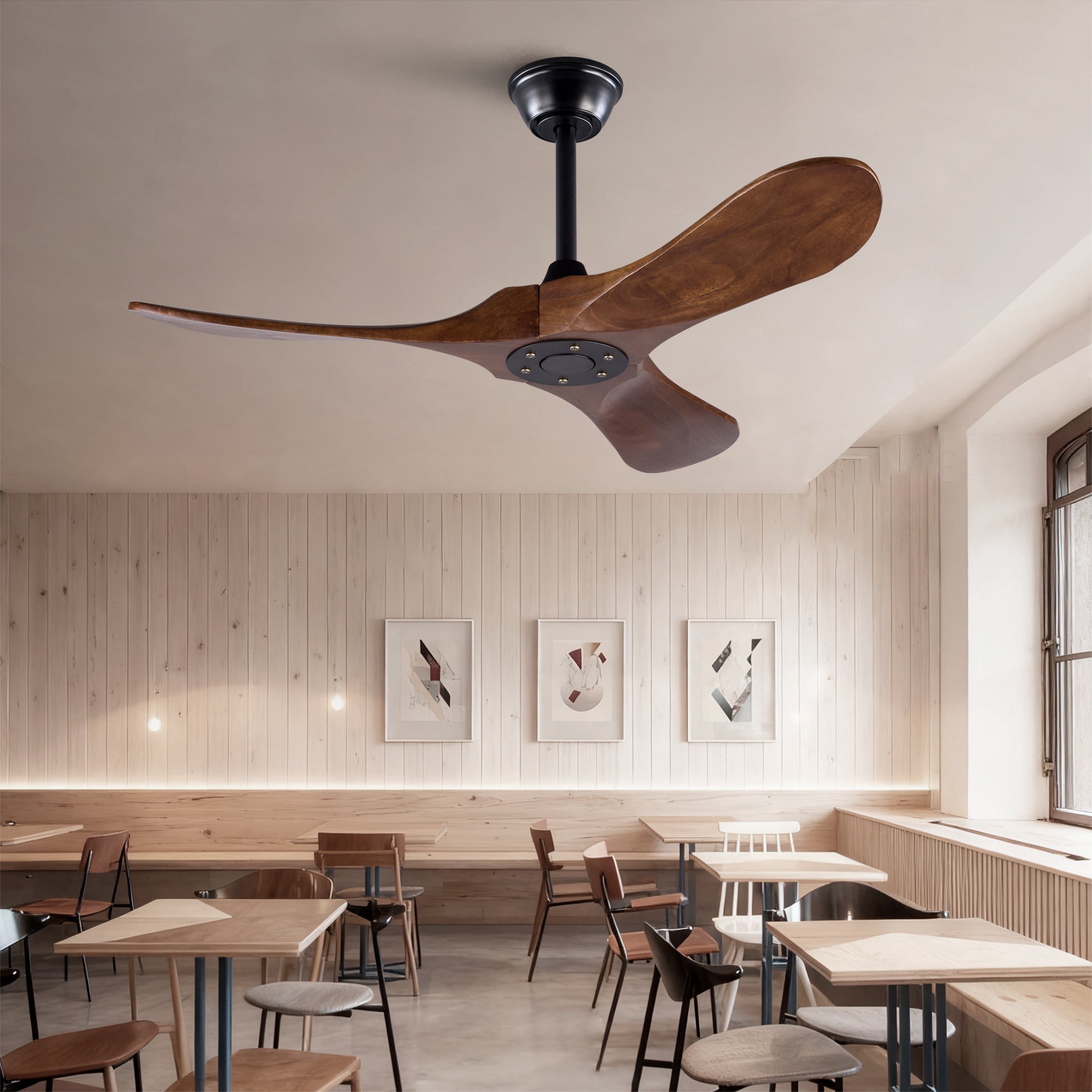 Ceiling Fan No Light, 42 Inch 3 Blades Solid Wood Outdoor Fan with Remote Control for Patio Living Room Bedroom, Black Dark Walnut