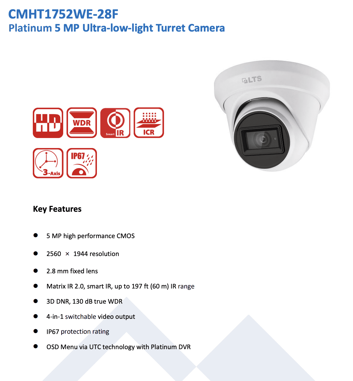 LTS CMHT1752WE-28F HD TVI 5MP 2.8mm Lens 131ft IR WDR Low-Light 4in1 Turrent Camera LTCMHT1752WE-28F