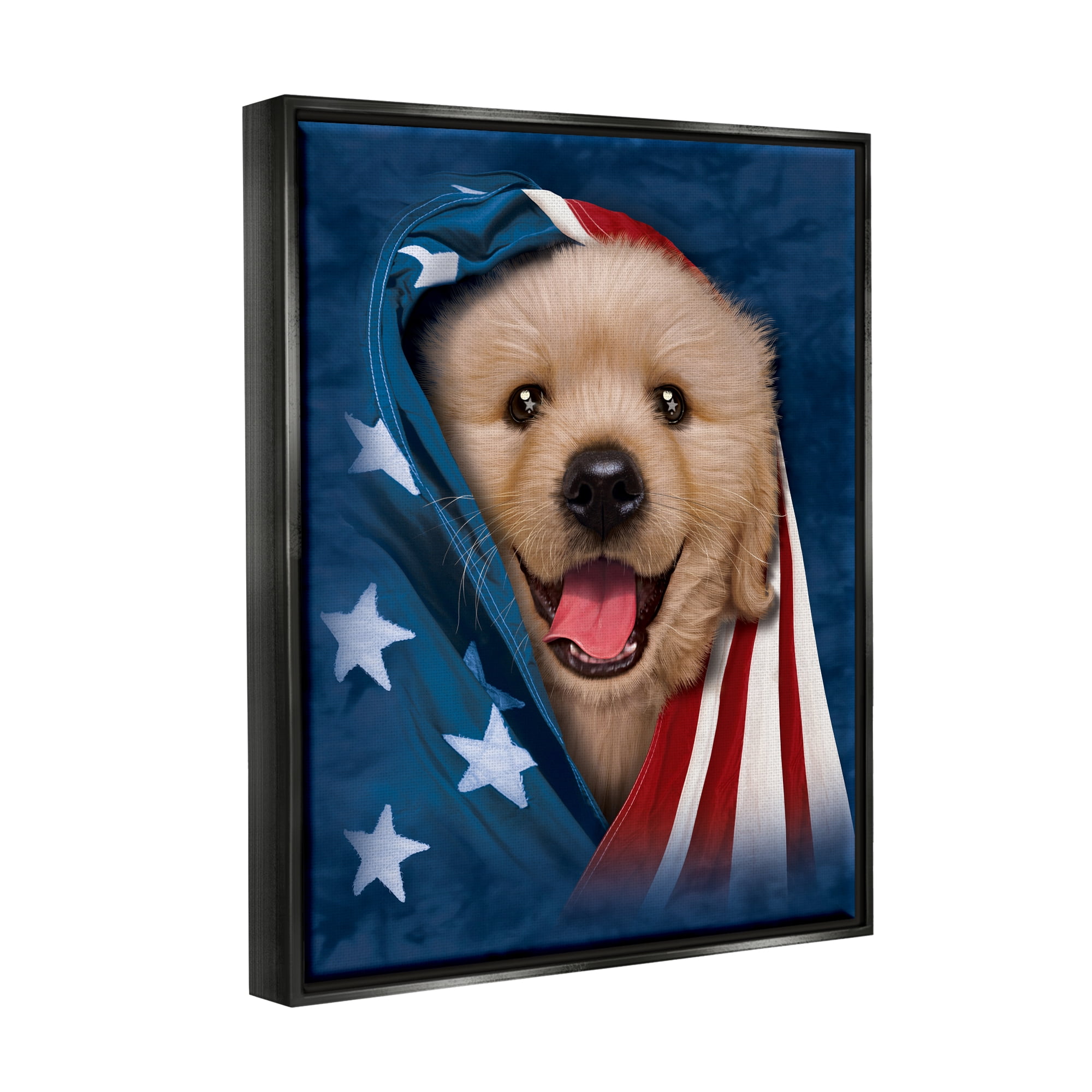 Stupell Industries Puppy & American Flag Animals & Insects Painting Black Floater Framed Canvas Art Print Wall Art, 17 x 21