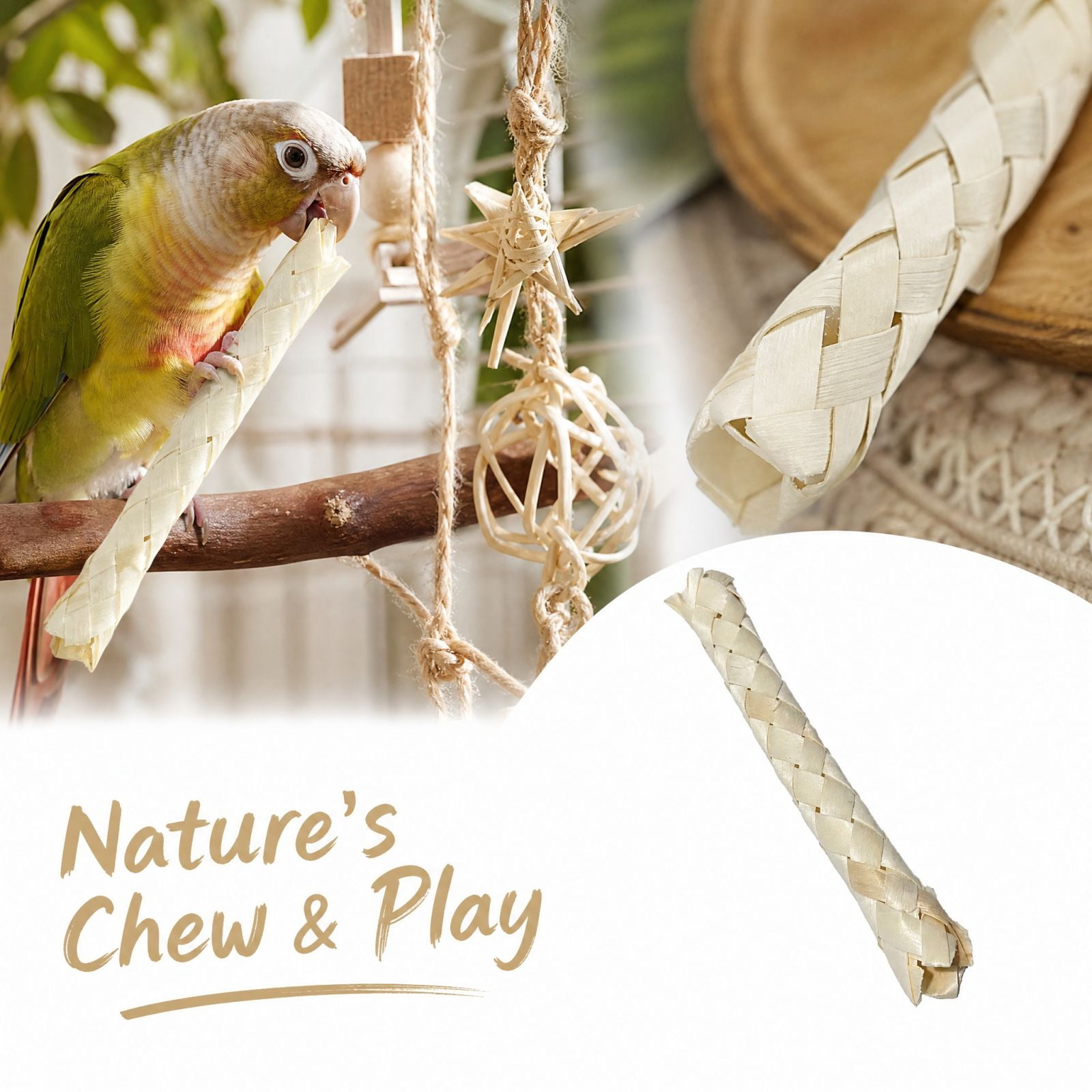 Bird Chewing Toy with Palm Leaves and Colorful Woven Tubes Parrot Foraging Shredder Toy Bird Cage Accessories for Cockatiels Conures