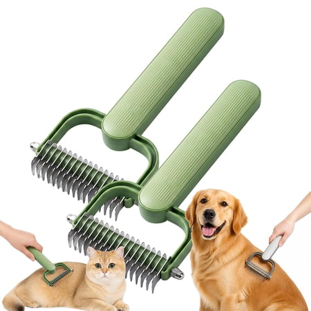 Double Sided Dematting Comb for Dogs and Cats – Undercoat Rake Pet Grooming Tool for Shedding, Tangles & Matted Fur, Stainless Steel Deshedding Brush for Long Haired & Thick Coat Pets (Green-2PCS)
