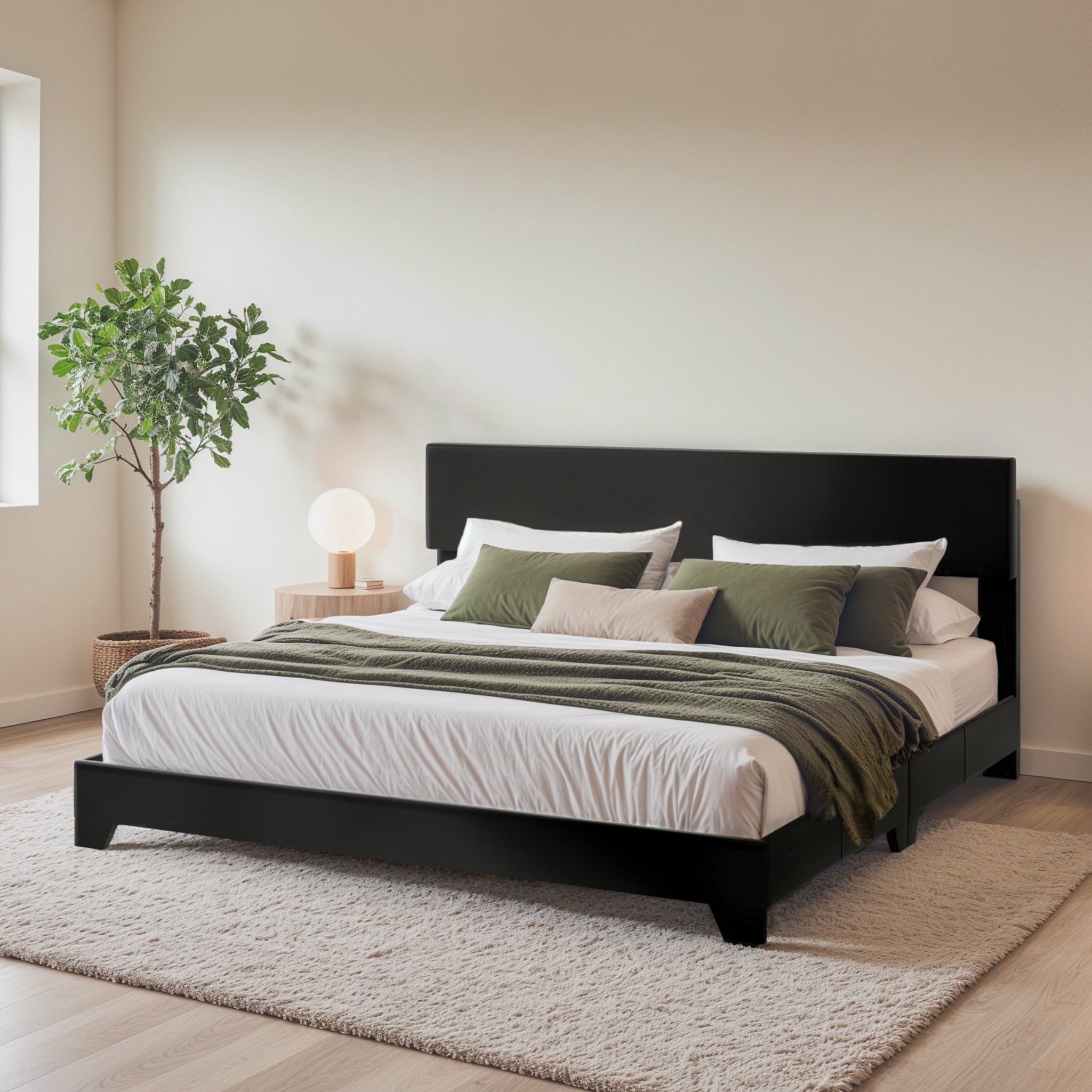 Einfach King Size Black Leather Upholstered Bed Frame with Adjustable Headboard, No Box Spring Needed, Low