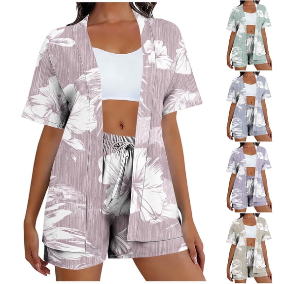 Fengqque Womens Two Piece Skirt Set Summer Short Sleeve Cardigans and Drawstring Shorts Set Purple-C XL(XL)